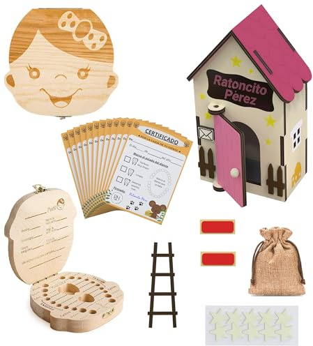 Puerta ratoncito perez - Casita ratoncito perez - Caja de dientes de leche para niños - Cajita dientes ratoncito perez - caja para dientes de leche - Casa ratoncito perez puerta magica - Madera - Rosa