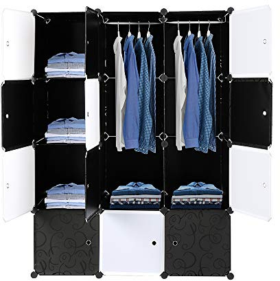 Bonnlo Kleiderschrank aus Kunststoff, DIY Regalsystem, Tragbarer Garderobenschrank, Regal mit Türen, Steckregal 12 Würfel, mit 2 Kleiderstange, 108x47x142cm, Weiß & Schwarz