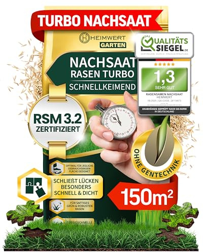 Heimwert Rasensamen schnellkeimend Turbo Nachsaat 3 kg Grassamen schnellkeimend nach original RSM 3.2 Empfehlung aus hochwertigster Gräser Mischung - Sport und Spiel Rasen Made in Germany (3kg)