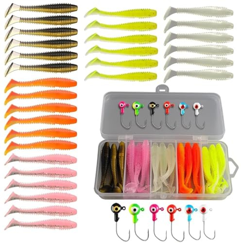 VZU 37Pcs Soft Plastic Lures Kit – 30 Lures, 6 Jig Heads & Box for Fishing