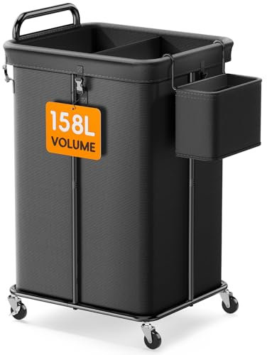 Bomclap Wäschekorb mit Rollen, 150L große Wäschesammler mit einem 8L Aufbewahrungskorb, 2 Teiler Metallrahmen Wäschekorb mit Griff für Waschküche Schlafsaal Bad Schlafzimmer, Schwarz