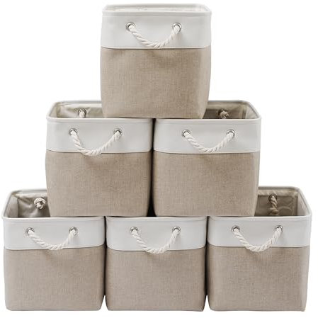 ICEMOR 33 x 33 x 33 cm Cube Storage Boxes, 6 Pack Large Collapsible Fabric Storage Bin with Ropes, Foldable Cube Baskets for Kallax, Office,Closet, Clothes, Toys Organizer (White & Beige)
