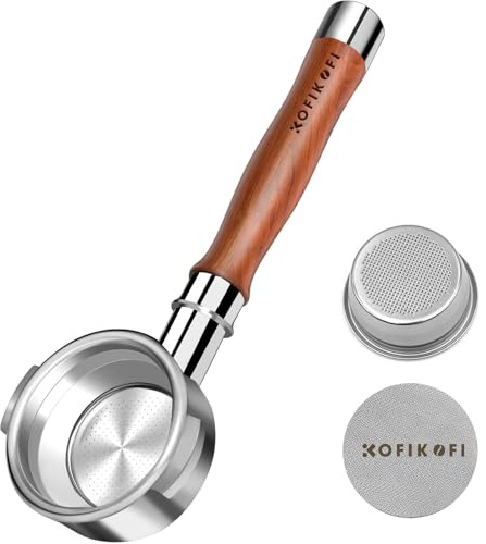 KOFIKOFI Espresso Naked - Portafiltro sin fondo de 58 mm, mango de nogal, 2 orejas con pantalla de disco y cesta de filtro de acero inoxidable, para E61, Flair 58, ECM, Rocket, Sanremo, Synesso