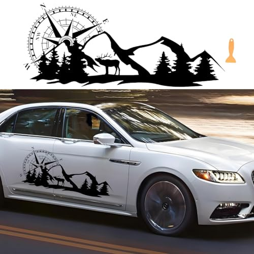 Auto Aufkleber Kompass Hirsch Berg Wald, 39,4 x 16,5 Vinyl Berg Auto Seite Karosserie Motorhaube Autoaufkleber, Universal Grafik Aufkleber Sticker Dekor für SUV Geländewagen Jeep Wohnmobil LKW,Links
