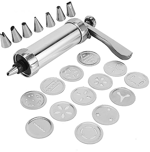 Cookie Press Gun Kit, Aluminium Alloy Cookies Biscuits Press Maker Cookie Decorating Kit with 7 Piping Nozzle and 13 Cookie Discs