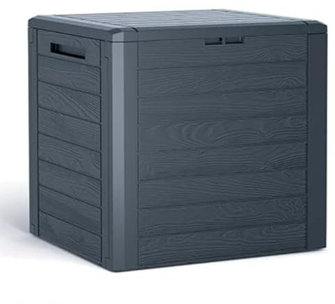 Garden Storage Box Plastic Organizer Wood Effect Outdoor Bench Large Deck Cusion Organizer Furniture Lid Container Woodebox (Anthracite, 140L)