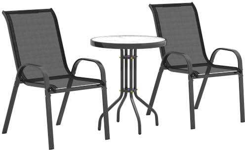 Outsunny 3 Pièces Salon de Jardin Extérieur Fauteuils Empilables Noir | 2 Fauteuils, Table Basse, Dessus en Verre Trempé, Tissu Textilène, 2 Personnes, Balcon, Patio, Terrasse