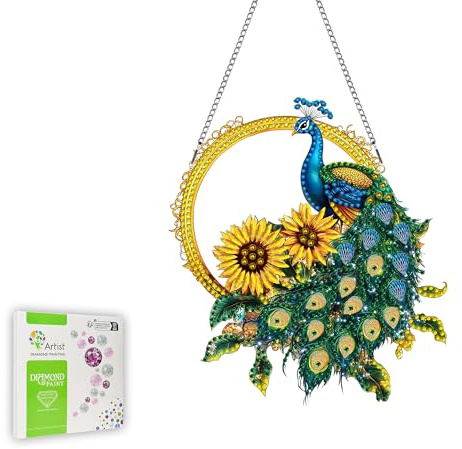 Ginfonr Diamond Painting Kits Hanging Pendant, Peacock Crystal Art for Adults, Outdoor Wall Art for Garden Ornament, Sunflower Mother's Day Gifts, Double Sided Suncatcher for Window (20x20 cm)