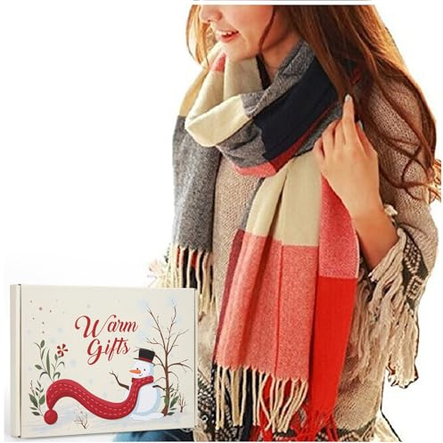 Chalier Fashion Sciarpa da Donna Confezione Regalo Invernale Quadrata Oversize Motivo Scozzese Poncho Oversize con Nappe Sciarpa alla moda per Donna Caldo Scialle in Cashmere Regalo di Natale Segreto