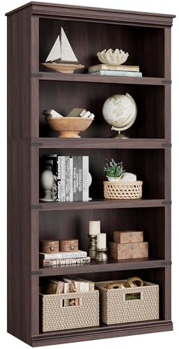 Libreria a 5 ripiani, scaffali espositivi moderni da pavimento, librerie in legno autonome larghe 32'' con scomparto aperto, arredamento per la casa, mobili per ufficio, biblioteca, ciliegio scuro