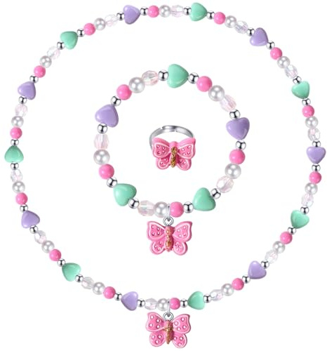 Girls Colorful Butterfly Jewelry Set - Toddler Butterfly Necklace Girls Pretend Plasy Toy Jewelry Box Set with Bead Necklace, Bracelet and Ring - Play Accessories - Ages 3+ Girl Birthday Gifts-Style 2