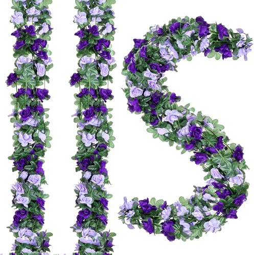 Fezaphy 5 Pack 40FT Artificial Flower Garlands Fake Rose Vines Purple Silk Flowers Hanging Roses Garlands Ivy for Wedding Arch Party Home Garden Table Wall Decor
