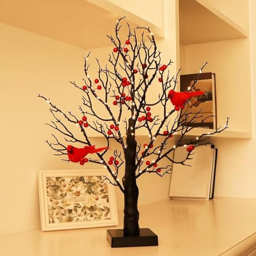 Lonvgrt Árbol Luminoso Vintage con Cardenales, Mini Abedul Blanco Led (2025) con Bayas, Adorno de Abedul Iluminado Único para Mesa, Ideal para Decoración Navideña y de Temporada(Negro,3pcs)