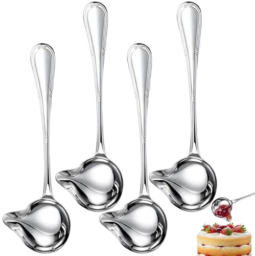 4 Edelstahl Saucenkellen für Küche und Restaurant, Praktische Soßenlöffel klein mit ergonomischem Griff, Langlebige Saucenlöffel aus rostfreiem Stahl