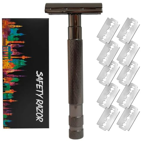 Dioche Tondeuse à Barbe Manuelle Vintage pour Hommes, Outil de Rasage avec 10 Lames pour la Maison et les Voyages, Toilettage en Métal (gris foncé)