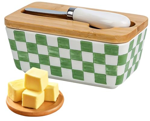 Mantequilla de cerámica con tapa de madera y cuchillo de mantequilla, gran capacidad, porcelana, mantequilla multifunción para el hogar y la cocina, buen sellado (diamantes)