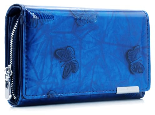 ekavale - Damen Geldbörse aus Lackiertem Leder - mit Schmetterling Muster - stilvolles Portemonnaie mit RFID-Schutz - sichere Brieftasche für Frauen mit viele Kartenfächer - Leather-Wallet (Blau)