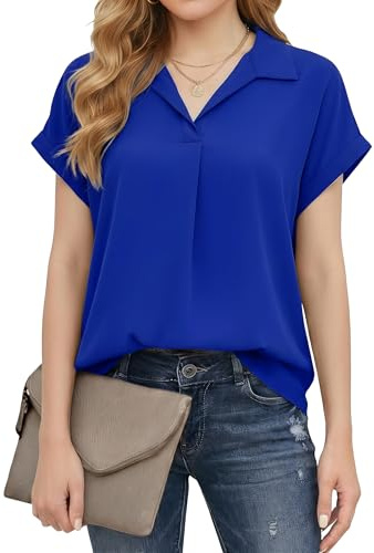 Enmain Damblus, kortärmad, sommar, v-ringad, chiffong, toppar, damer, affärer, ledig, skrynkelfri, elegant blusskjorta med krage och rullade ärmar, Kungsblå, L