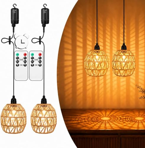Shengruili 2 Stück Hängelampe mit Batterie,Hängelampe Outdoor,Hängelampe Boho Hängeleuchte Rattan mit Fernbedienung,Boho Lampeschirm für Patio Bar Garten Terrasse Wohnzimmer Schlafzimme