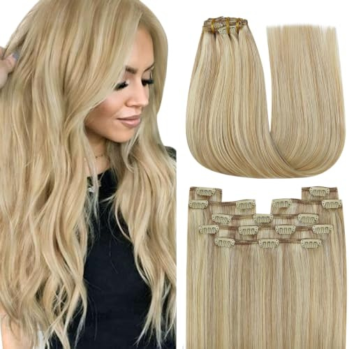 YoungSee Echthaar Extensions Clip Blond 50 cm Goldblond Strahnchen Mittelblond Clip in Extensions Echthaar Blond Voller Kopf Clip in Extensions Dunkelblond Clip in Haare 120g #16/22
