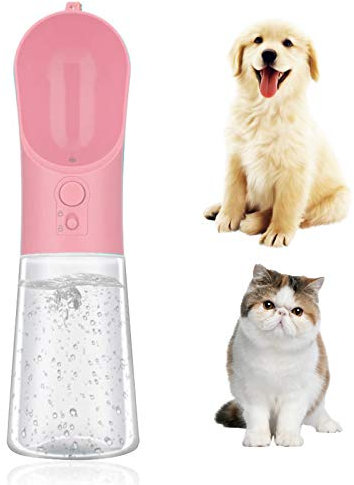 Bouteille Portable Pet Eau avec Filtre Activé, Bouteille 400Ml Chien Voyage Tasse d'eau, Étanche Bouteille Pet Distributeur d'eau pour La Marche Feeder Potable Extérieur pour Chiens Chats,Rose