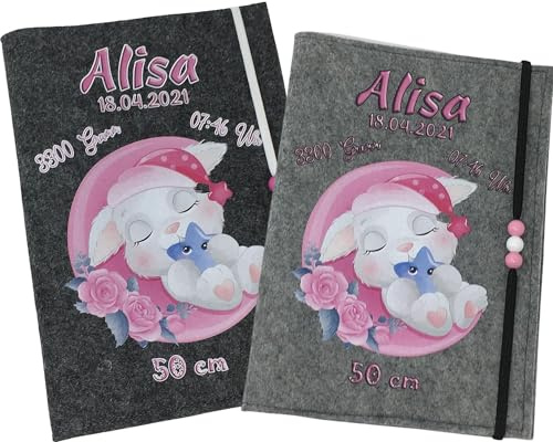 U Heft Hülle und Impfpass aus Filz - Personalisiert mit Namen - Untersuchungsheft Schutzhülle - Babygeschenke zur Geburt - Kinderuntersuchungsheft Mädchen und Junge - Hase im mond