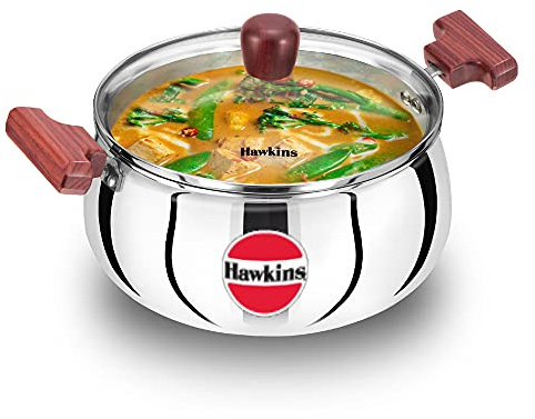 Hawkins 4 Litre Cook n Serve Handi with Glass Lid, Induction Compatible Tri-Ply Stainless Steel Cookware, Cooking Pot, Saucepan, Silver (SSH40G)