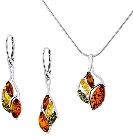 AMBEDORA Damen Setz Sabine Silber 925 Poliert Farbiger Baltischen Bernstein Anhänger mit Schlange Kette und Ohrringe Geschenk-Set