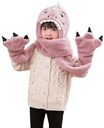 Kids Hat Gloves Scarf 3 In 1 Set Winter Plush Cartoon Dinosaur Hoodie Gloves Pocket Warm Earflap Full Hood Hats Long Scarf Shawl Wraps Mittens Grey, Green for Girls Boys Age 3-8 Birthday Gift