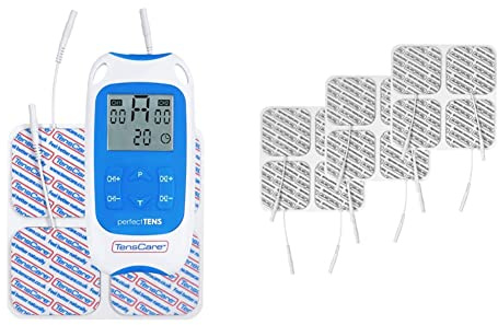 TensCare Perfect Tens Dispositivo de Electroestimulación para Aliviar el Dolor, Blanco y Azul + E-CM5050V 12 electrodos para Electroestimulador, 50x50 mm