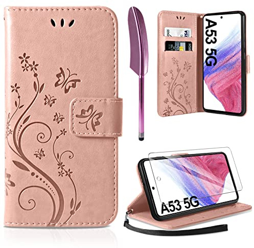 AROYI Lederhülle Kompatibel mit Samsung Galaxy A53 5G Hülle und Schutzfolie, Flip Wallet Handyhülle PU Leder Tasche Case Kartensteckplätzen Schutzhülle Roségold