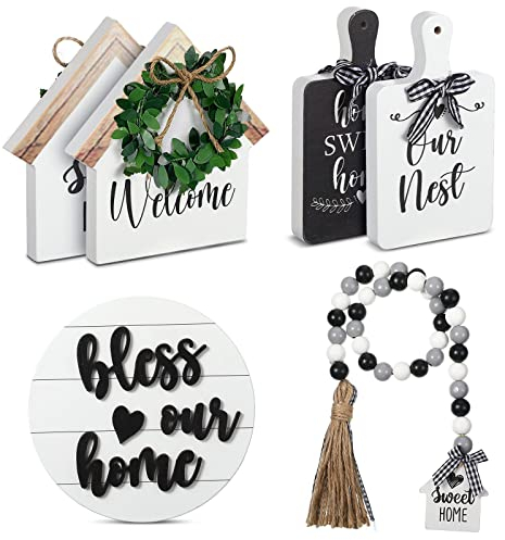 4 Pieces Farmhouse Tiered Tray Decor Set Including House Farmhouse Sign Wooden Small Items Plaid Wood Bead Garland for Home Decor(Simple Style)