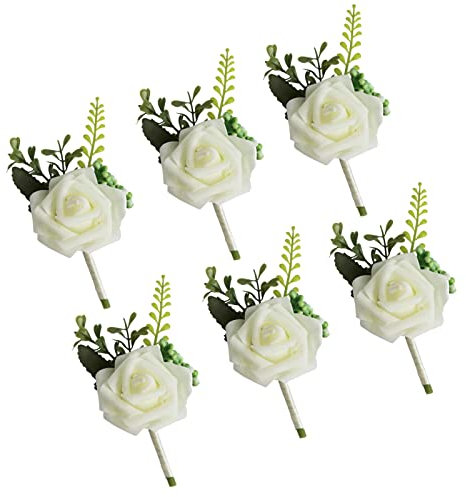 6 Stück Hochzeit Braut Blumen Anstecker, Rose Blumen Anstecker, Hochzeitsanstecker der Männer, Hochzeitsbrosche, Hochzeit Rose Blumen Anstecker, für Party Männer Anzug Prom Dekoration, Weiß