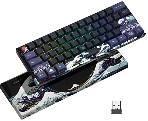 XVX 60 % Gaming-Tastatur, kabellose mechanische RGB-Tastatur mit 3 Modi, Mini-Spieler-Tastatur 60 % mit Hot-Swap-vorgeschmiedetem linearem Schalter für Windows und Mac (Great Wave Off)