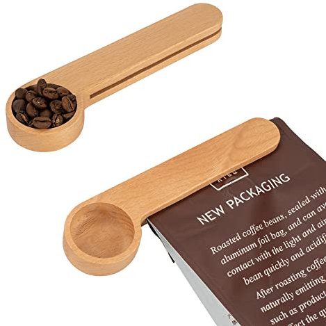 SHIDOW 2PCS Wooden Coffee Scoop and Bag Clip, Solid Beech Wood Measuring Spoon, Espresso Coffee Bag Sealer for Ground Beans, Coffee Beans and Loose Tea (1 x Scoop and 1 x Bag Clip)