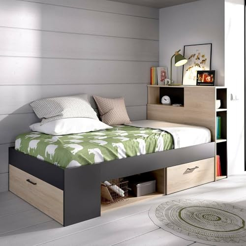 Dmora - Kristall-Kinderbett, Bett für Schlafzimmer mit Kopfteil, Einzelbettgestell mit Schublade und Regalen, 218 x 99 x 96 cm, Eiche und Anthrazit