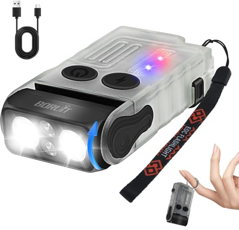 BORUIT V20 - Linterna pequeña y potente con cabeza giratoria de 180°, superbrillante, 1000 lm, con luz lateral de mazorca, linterna recargable USB C con clip bidireccional, cordón y llavero, magnética