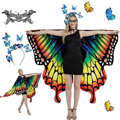 Karneval Kostüm Damen Schmetterling Flügel Damen Beidseitiger Druck,Bunter Schmetterling Umhang Faschingskostüme Maske Schmetterling Haarreif für Karneval Parteien,Cosplay,Karneval Dress up Zubehör.