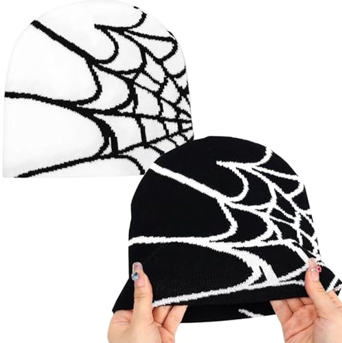 MAEXUS 2 stycken Spider Web Hats Cap Skull Cap Beanie Y2K Beanie mössa – trendig Y2K tillbehör med spindelmönster för män, avslappnad och bekväm (svart och vit), Svart och vit, 54-62