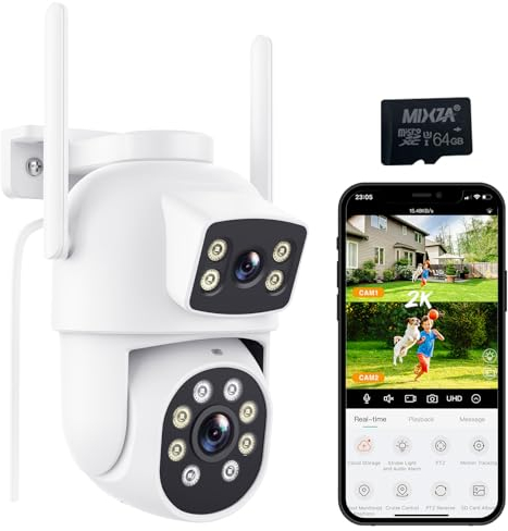 Reobiux 3K Telecamera Wi-Fi Esterno con Scheda SD 64GB, Videocamera Sorveglianza Esterno con Doppia Lente, Visione Notturna a Colori, Rilevamento Umano, Audio Bidirezionale, IP66, Alexa