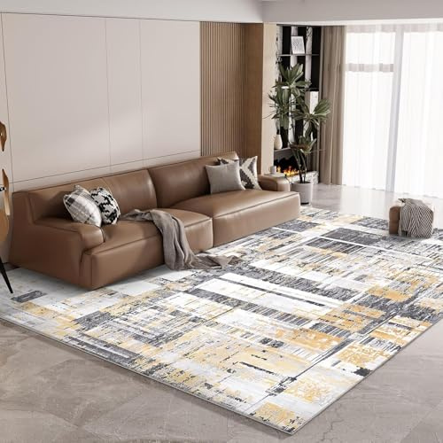 Vamcheer Waschbar Teppich Wohnzimmer, 10MM Eingedickter Schwamm 160X230 cm | Flauschiger Teppich, Rutschfest, Extra Weich, Modernes Design, für Wohnzimmer, Schlafzimmer, Arbeitszimmer, Büro, Gelb/Grau
