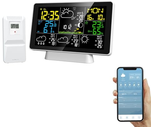Drahtlose Wetterstation,mit WiFi-Außensensor,Innen- und Außentemperatur,Luftdruck/Barometer,Luftfeuchtigkeit,4-Tage-Vorhersage mit App,Temperaturtrend