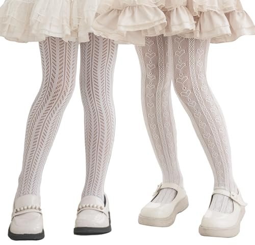 LOLANTA Pack de 2 Medias de Rejilla Fantasía para Niña, Pantys Infantiles de Encaje Calado para Fiesta, Corazón/trigo blanco, 8-12 años, L