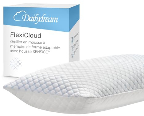 Dailydream FlexiCloud nackstödskudde med SENSICE, Memory Foam, justerbar kuddfyllning, 80 x 40 cm, vit
