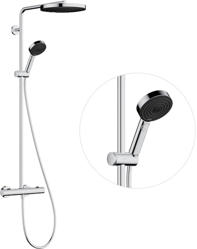 hansgrohe Pulsify S Puro - Duschsystem med termostat, Regndusch (⌀ 260 mm), Duschset med handdusch (3 stråltyper), duschslang, duschstång och rund huvuddusch, krom, 24236000
