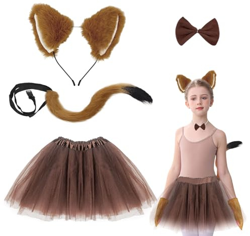 UILYNIU 4 Stück Kostüm Fuchs für Kinder, Fuchsohren Stirnband Fuchsschwanz Fuchs Fliege Mädchen Tutu, Faschingskostüm Fuchs TierOhren Cosplay für Kinder Karneval Halloween Tierkostüm
