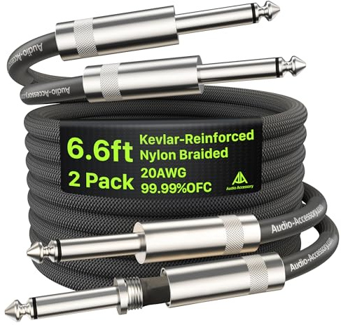 AA AUDIO ACCESSORY Guitar Cable 6.6ft 2 Pack, Kevlar-Reinforced 10X Heavy-Duty Nylon Braided, 20AWG 99.99% OFC, Heat-Shrink Protected 1/4 Instrument Cable, Shielded Amp Cord for Fender Electric Guitar