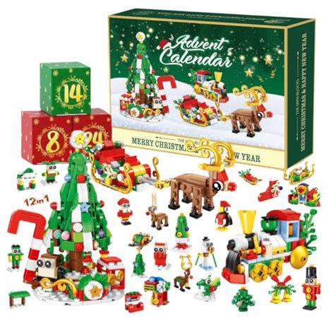 VizBrou Advent Calendar 2024 Christmas Building Blocks Set, 20 In 1 Countdown Building Model Kit for Kids, Children's Christmas Tree Santa Claus Reindeer Nutcracker Train Construction Toy Gift