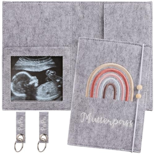 Lancry Mutterpass Schutzhülle mit 2 Schlüsselanhänger, Deutschen Mutterpasshülle, Filz Mutterpass mit Ultraschallbildebene für Impfausweis, Versicherungskarte (Grau)
