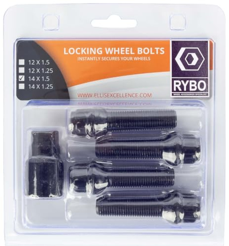 RYBO Set of 4 M14 x 1.5 Radius Seat Alloy Wheel Locking Bolts (Black, 45mm Thread Length)